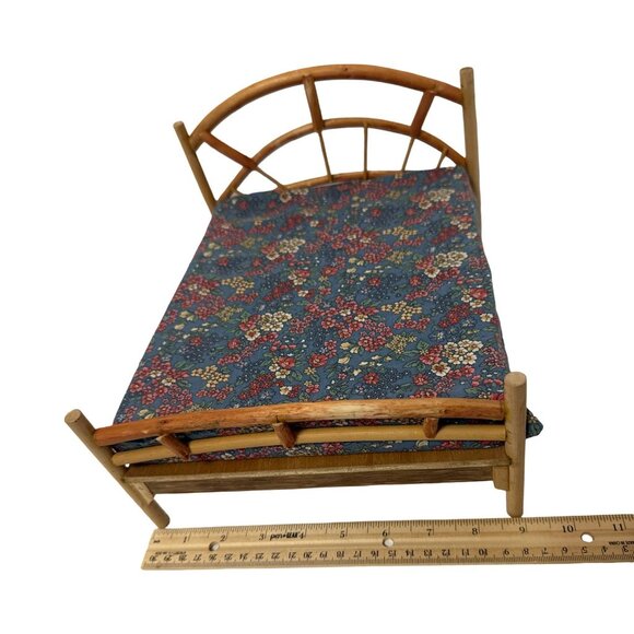 Handmade Miniature Bed With Blue Floral Mattress & Wooden Frame 10.5" x 6.5" x 9 - Picture 5 of 6